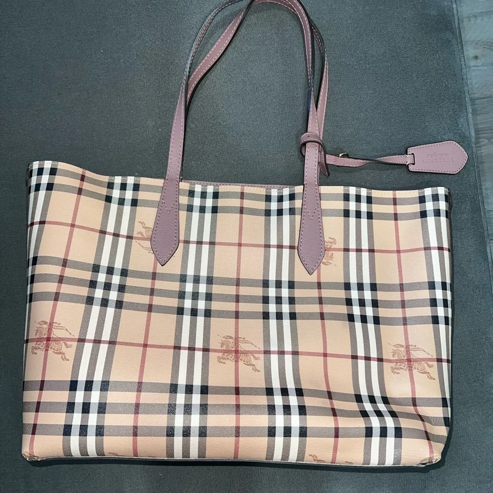 Burberry Beige and Pink Plaid Tote - Picture 2 of 8